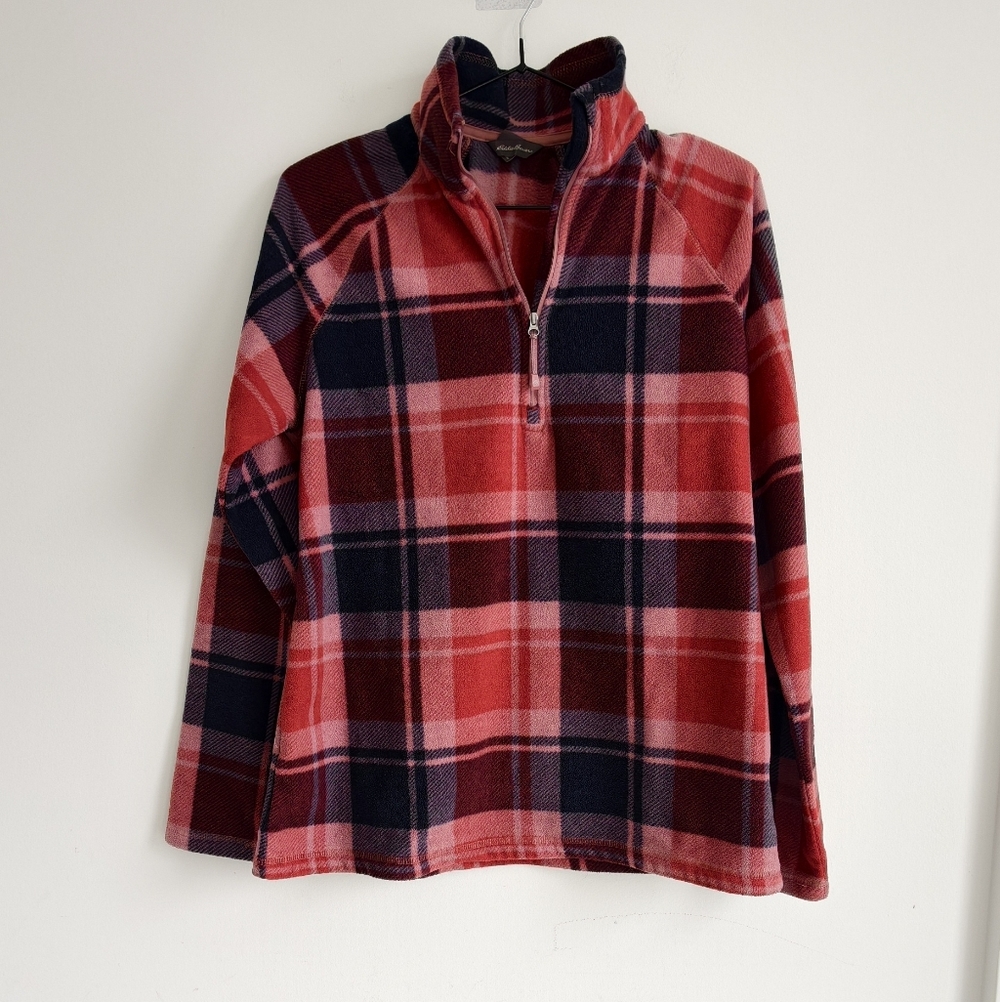 Eddie Bauer Red and Navy Plaid Quarter-Zip Fleece